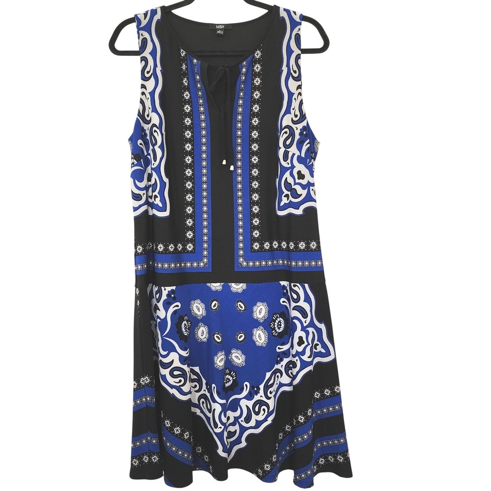 MSK Womens Blue Black Bandana Scarf Print Sleeveless Tie Neck‎ Shift Dress Large